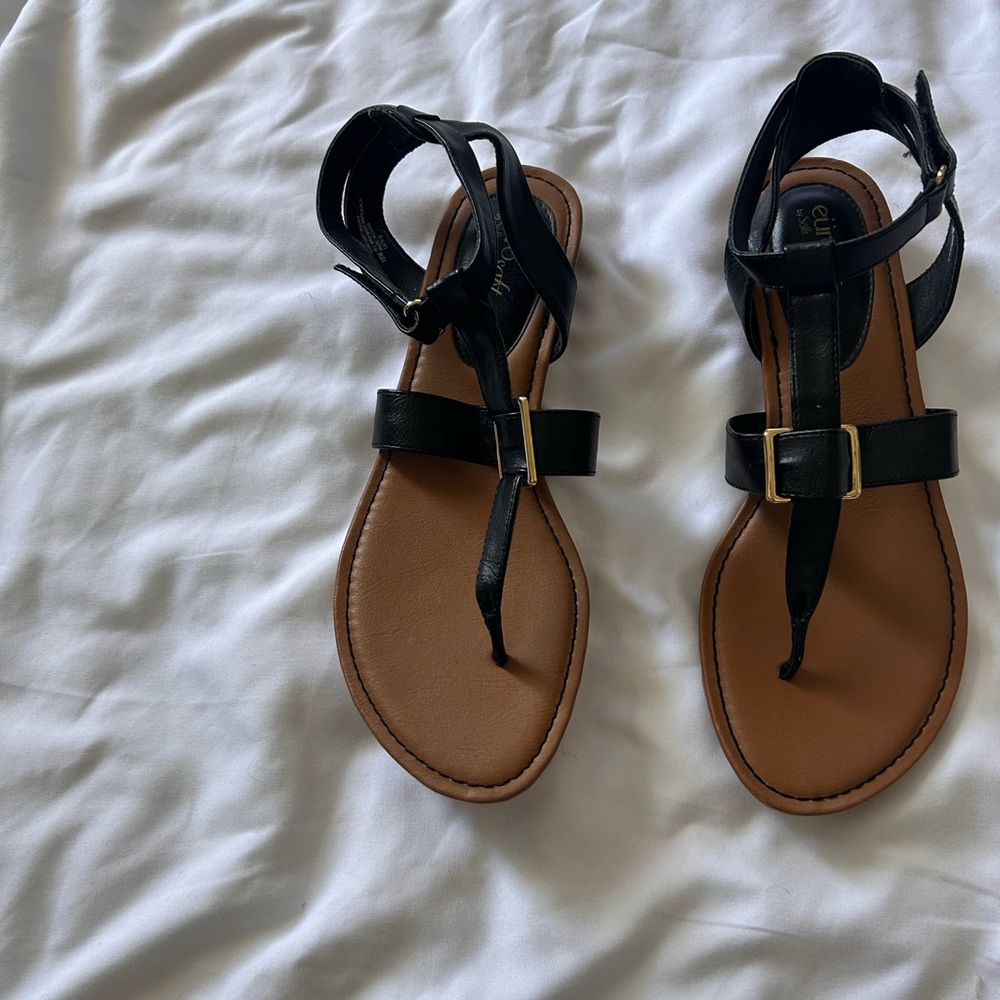 Women's Black T-Strap Sandals with Gold Buckle